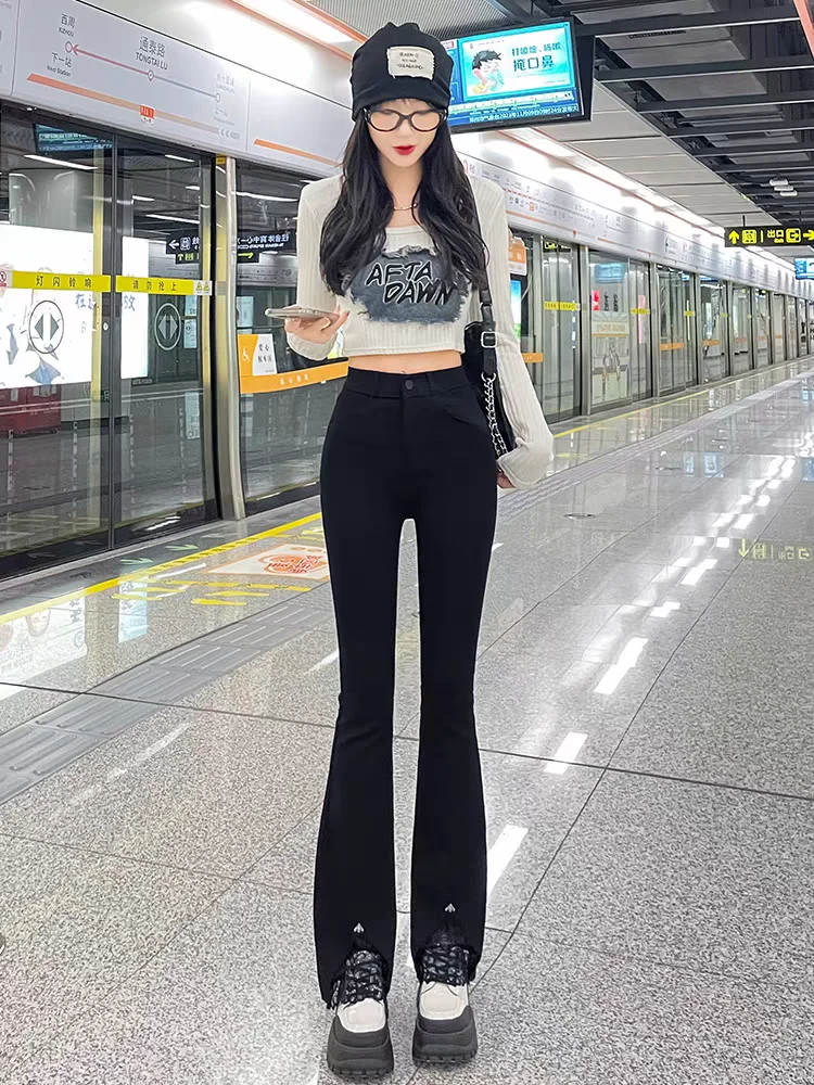 ارتفاع الخصر جرس أسفل السراويل النسائية التخسيس الدانتيل تسع نقاط مرونة جرس السراويل ربيع جديد نمط سراويل تقليدية TT1039