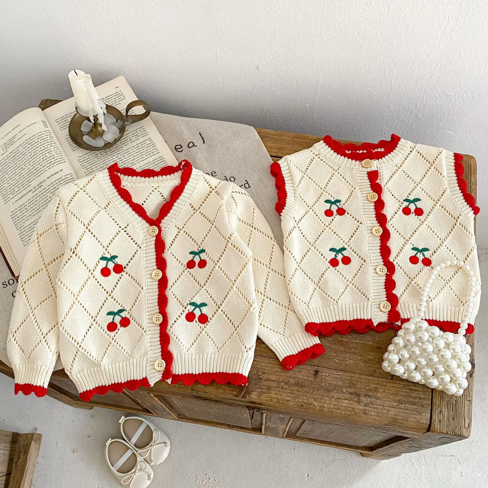 

Spring Fall 2024 Kids Cherry embroidered knitted waistcoat with red border and long sleeve cardigan sweater for girls 0-2 years