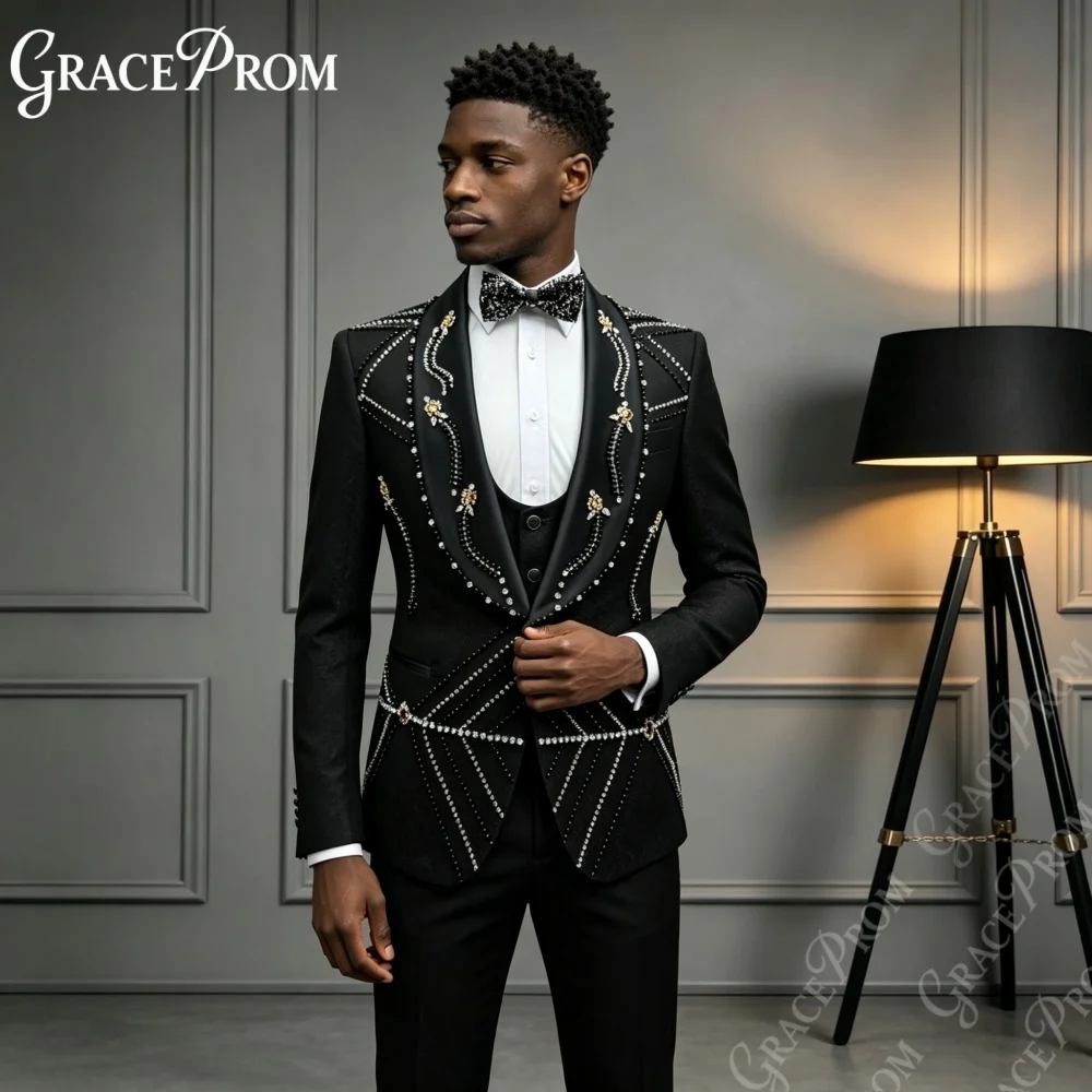 Glittering Black Gold Silver Vine Beaded Men Suits 2027 3PCS Wedding Groom Sets Man Shawl Suit Set Banquet Prom Gala Tuxedo