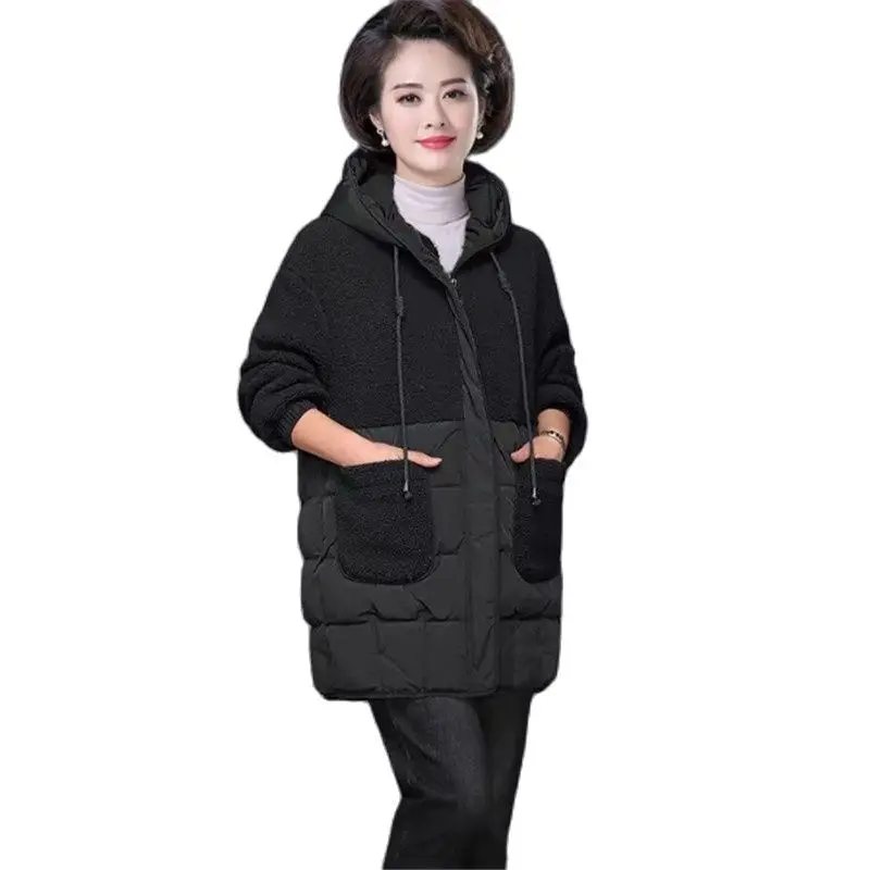 

Winter Mid-Long Down Cotton Jacket Women 2023 New Loose Drawstring Hooded Coat Fashion Pocket Outerwear Parka Overcoat Female