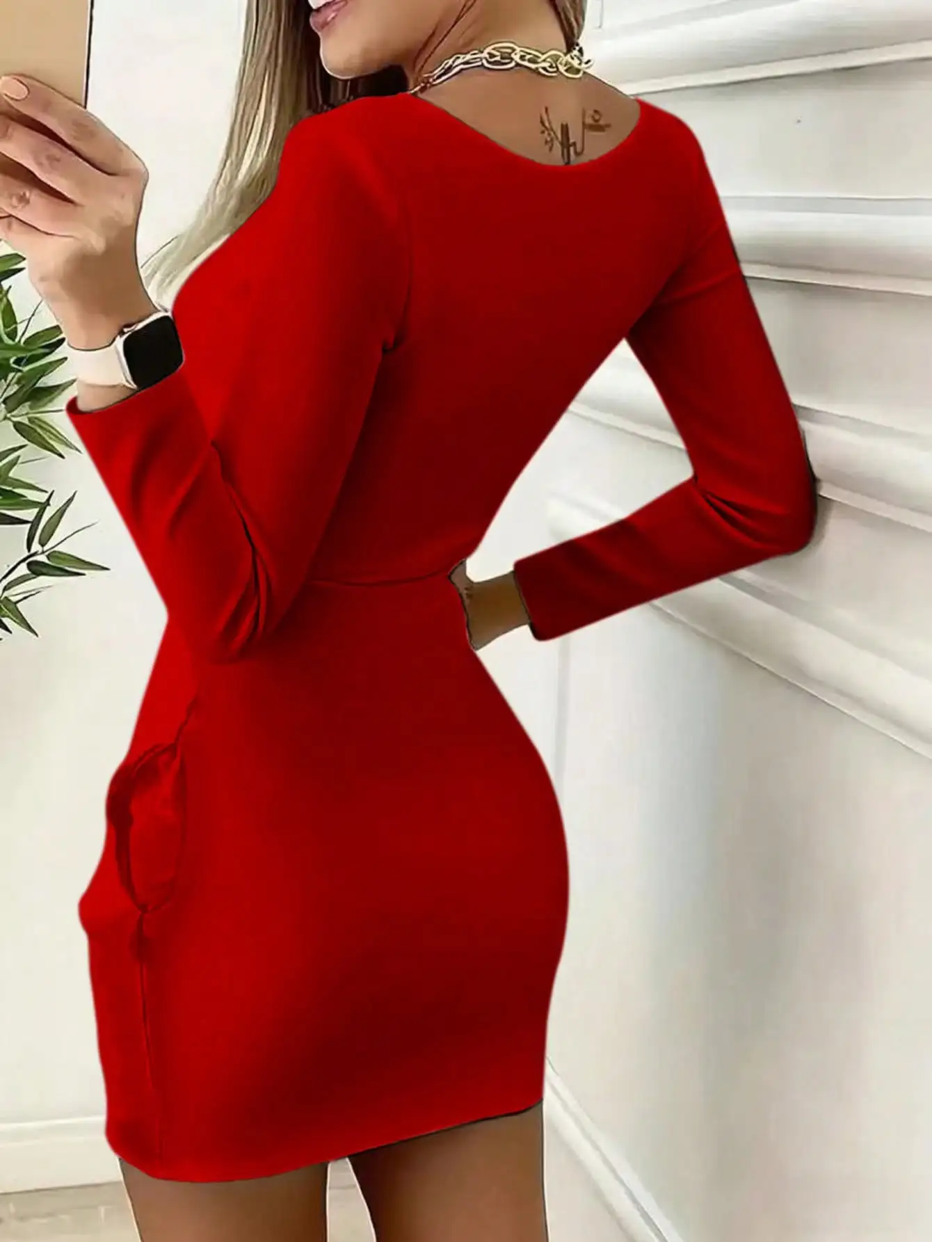 2026 Damen Freizeitkleid, elegant, einfarbig, Rundhals, mit Bärenmuster, Reißverschluss, langärmlig, kurzer Rock, ideal für den Alltag und Reisen – Detail 3
