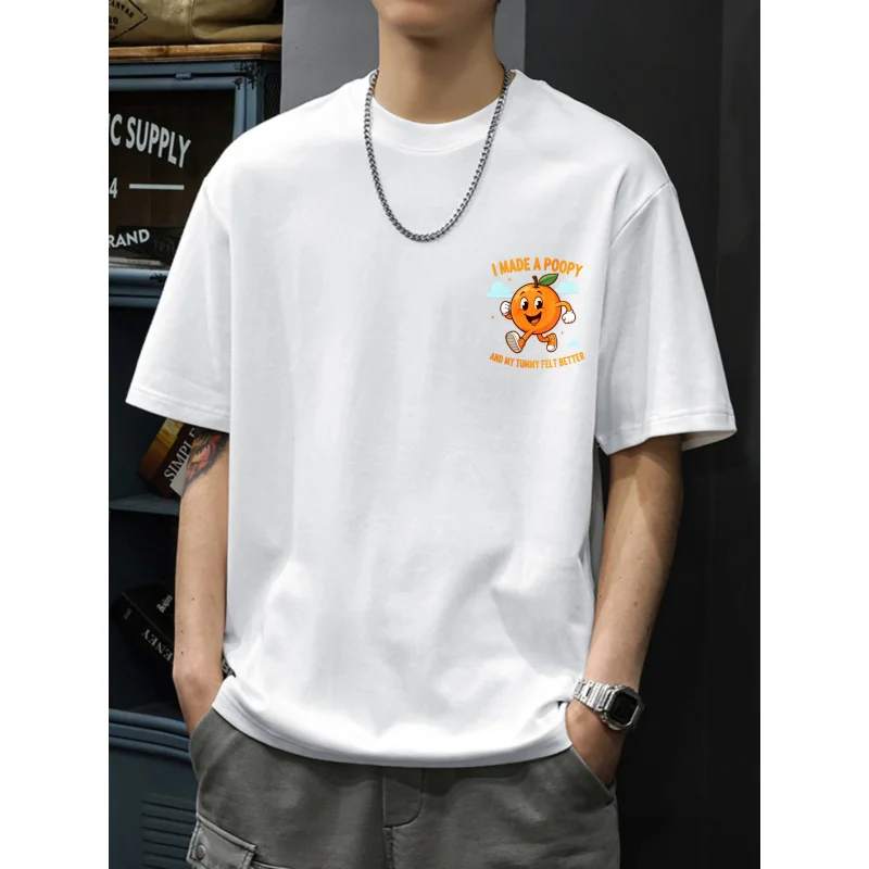 تي شيرت رجالي أبيض لقد صنعت أنبوبي وبطني شعرت بشكل أفضل برتقالي كارتوني طباعة قطن عالي الجودة 180 جرام