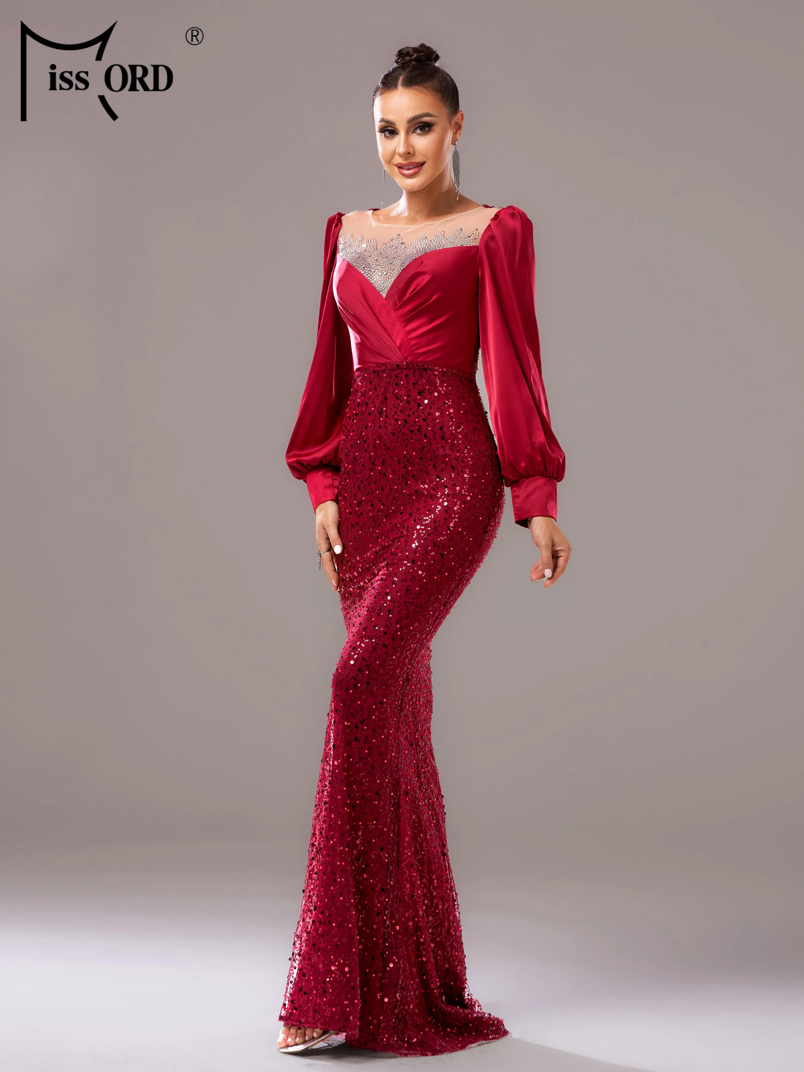 

Missord New Round Neck Long Sleeved Panel Sequin Mermaid Evening Gown Wedding Birthday Party Cocktail Formal Occasion Dresses