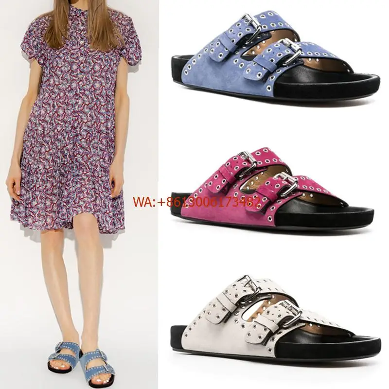 Ins Trendy Women Leather Flat Comfortable Slippers Rivets Outerwear Beach Women Casual Flip Flops Belt Buckle Flat Slippers