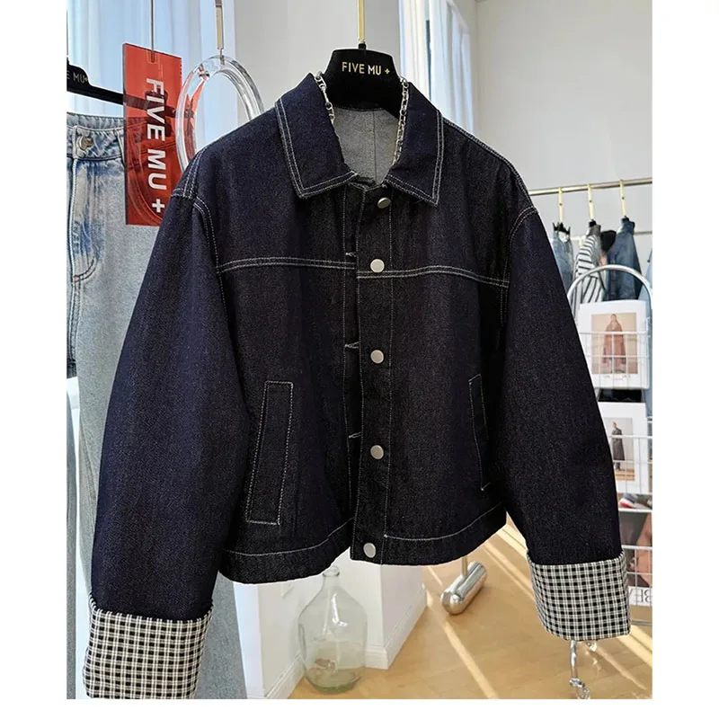 

Splicing Denim Coat Women Retro Hong Kong Style Jacket Top 2026 Spring Autumn Loose Casual All-Match Short Cowboy Jacket Ladies