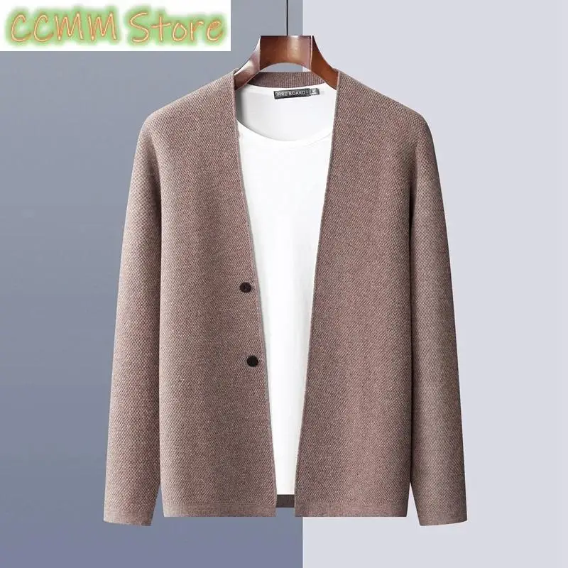 Autumn Winter Men\'s Cashmere V-neck Cardigan Sweaters 100% Merino Wool Knitwear Coat Basic Smart Casual Jacket Korean Clothing