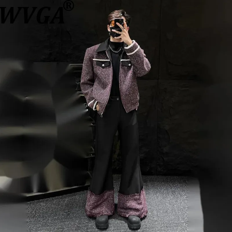 

WVGA Spring Autumn New Men's Tide Patchwork Color-Block Trendy Short Jacket Niche Chic Casual Flared Pants Two Pieces Set W20294