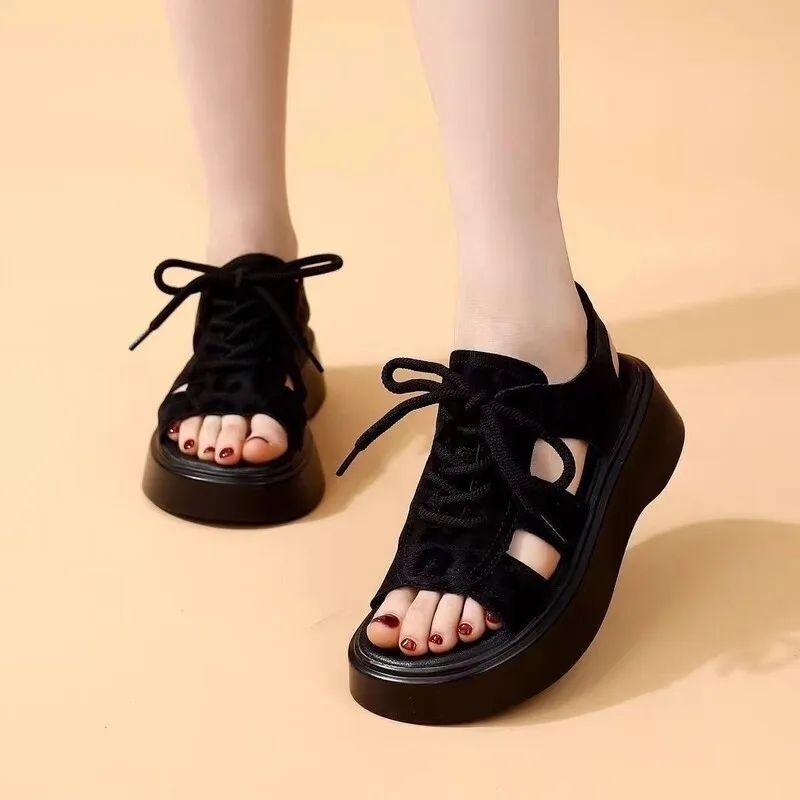 Women's Fashionable Leopard Print Decorative Thick-soled Non-tiring Sandals 2026 Summer New Lace-up Design Sports Sandals
