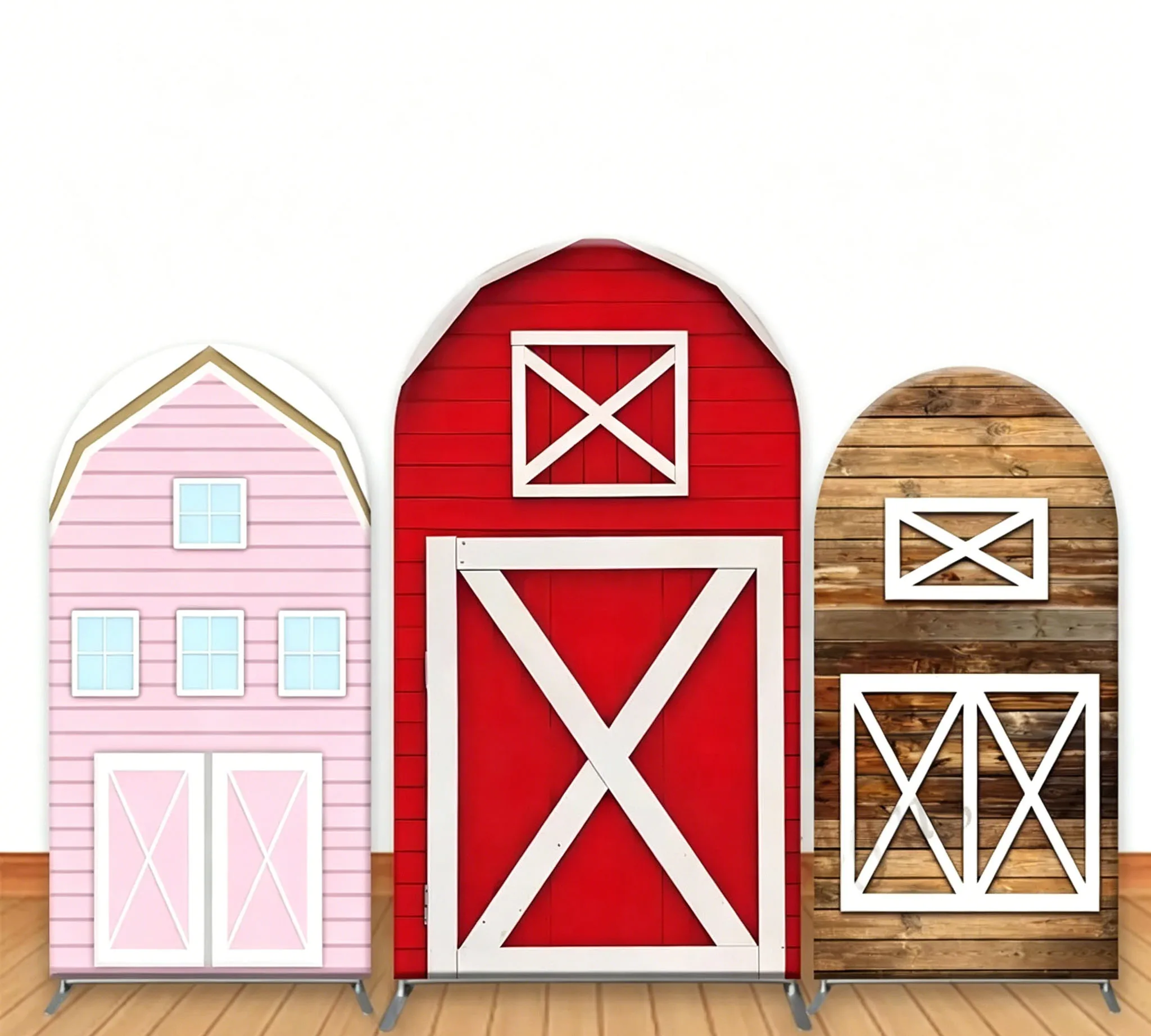 Custom 2-Side Farm Barn Door Baby Shower Arch Backdrop Covers Red Pink Diy Name Age Birthday Party Decor Backdrop Photo