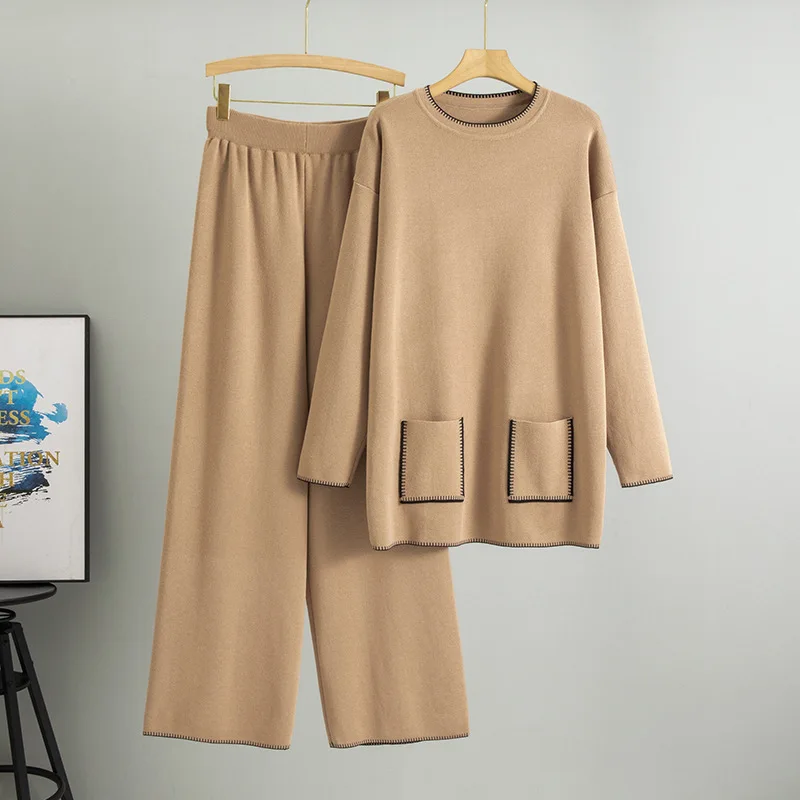 

Women Two Piece Set Muslim Knitted Pullover Sweater Wide Leg Pant Casual Knit Outfits Suits Musulman Ensemble Autumn Winter