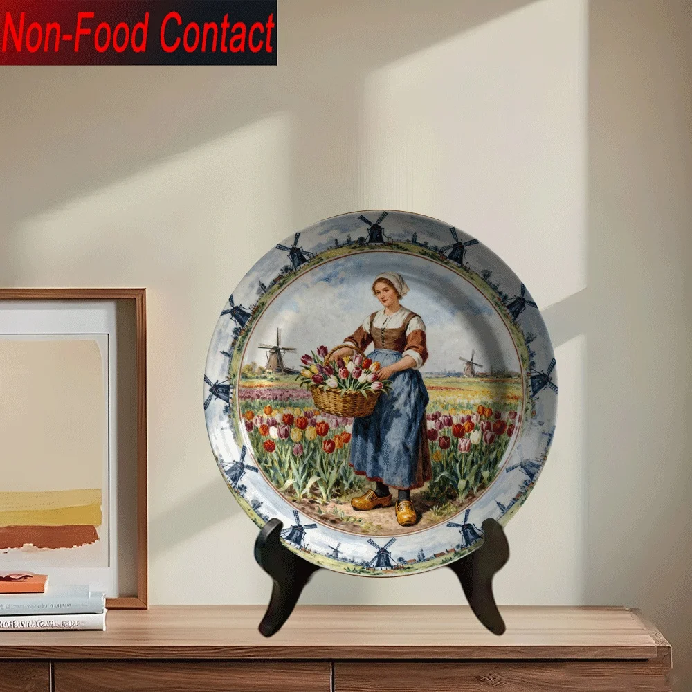 2D 1pc Ceramic Decorative Plate, Dutch-Style Girl in Tulip Field Pattern, Non-Consumable for Decoration Only, Home Tabletop Art