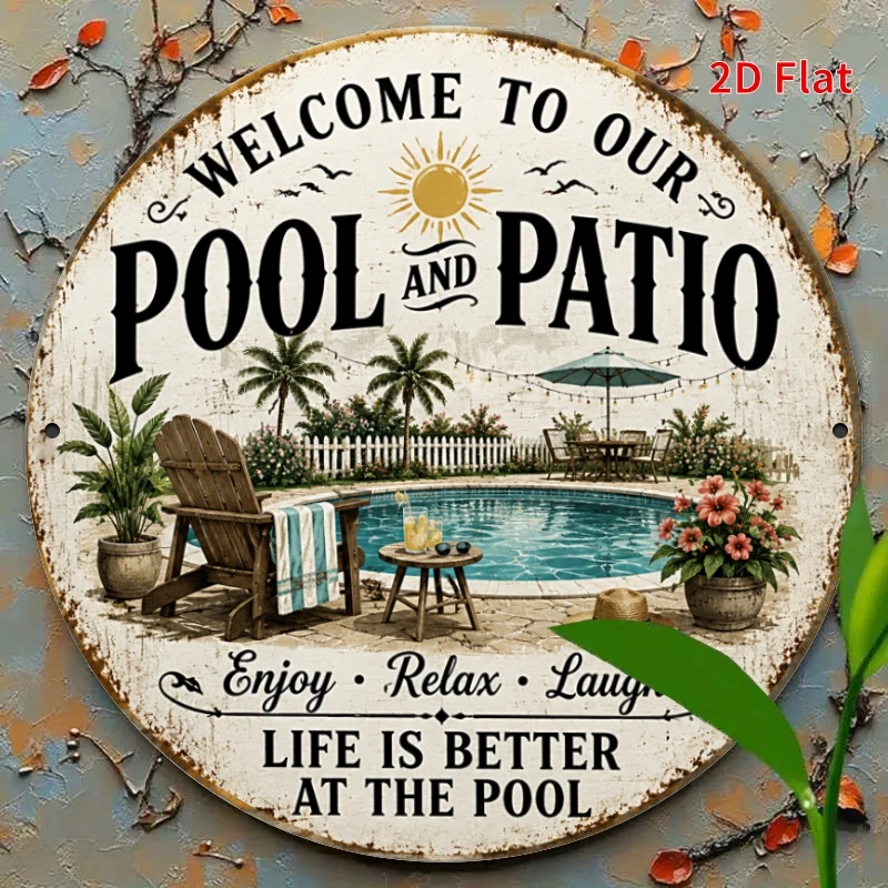 2D Flat, Decorative Sign 2D Flat - [2Dflat], 1pc 7.87X7.87inch- Welcome to Our Pool And Patio Tin Sign, Vintage Poolside Decorat