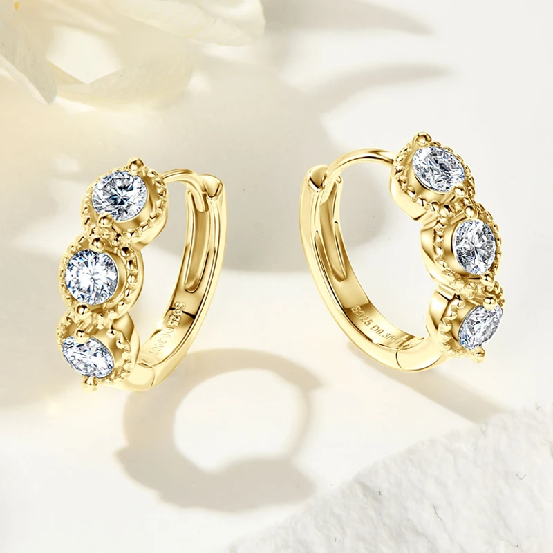 IOGOU 925 Sterling Silver Original Certified Three Stone Moissanite Hoop Earrings for Women Trendy Engagement Jewelry Accesories