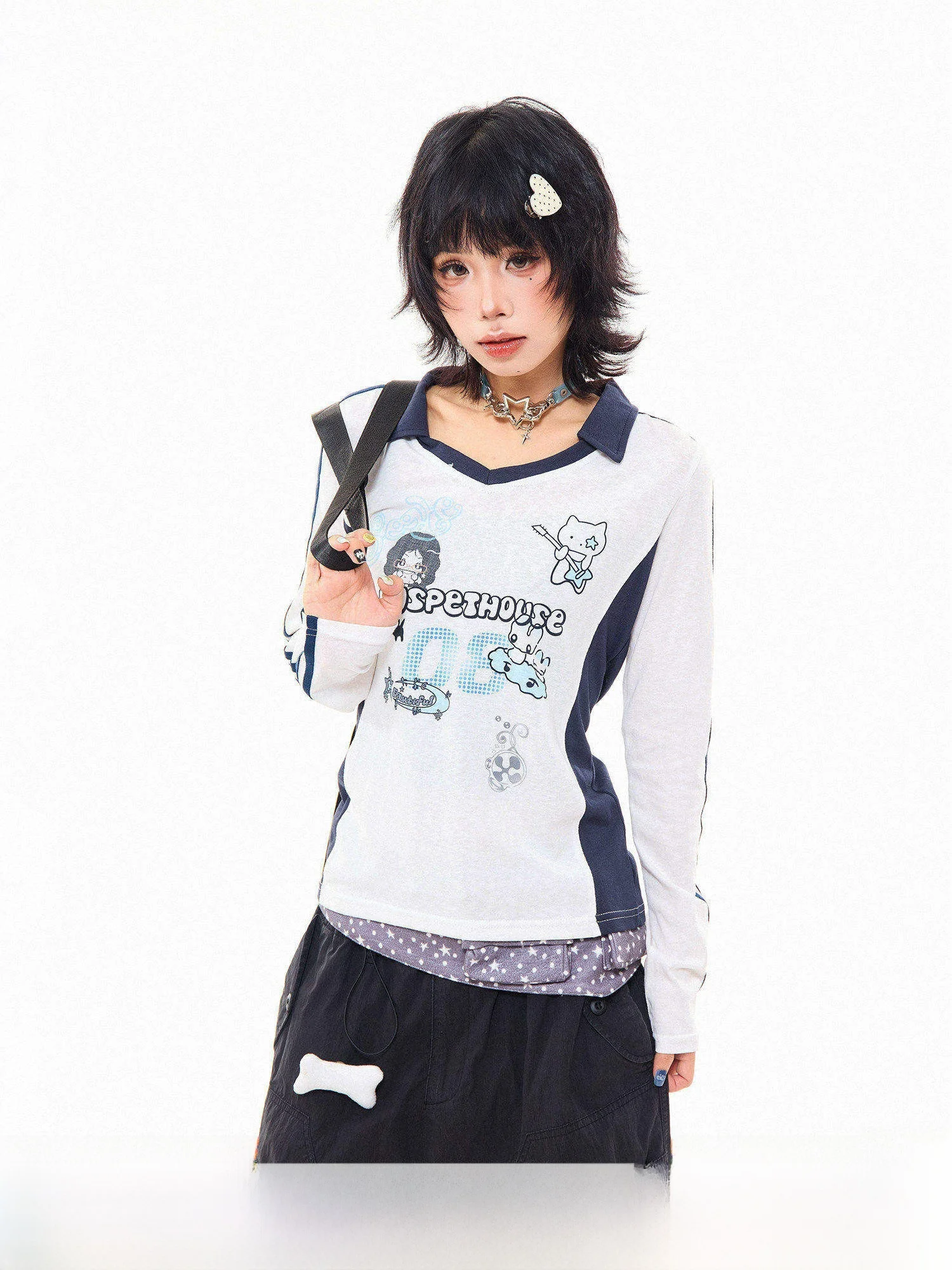 

Женская футболка MIKYO в американском ретро-стиле с мультяшным принтом, длинным рукавом, V-образным вырезом, облегающая, с завязками на талии