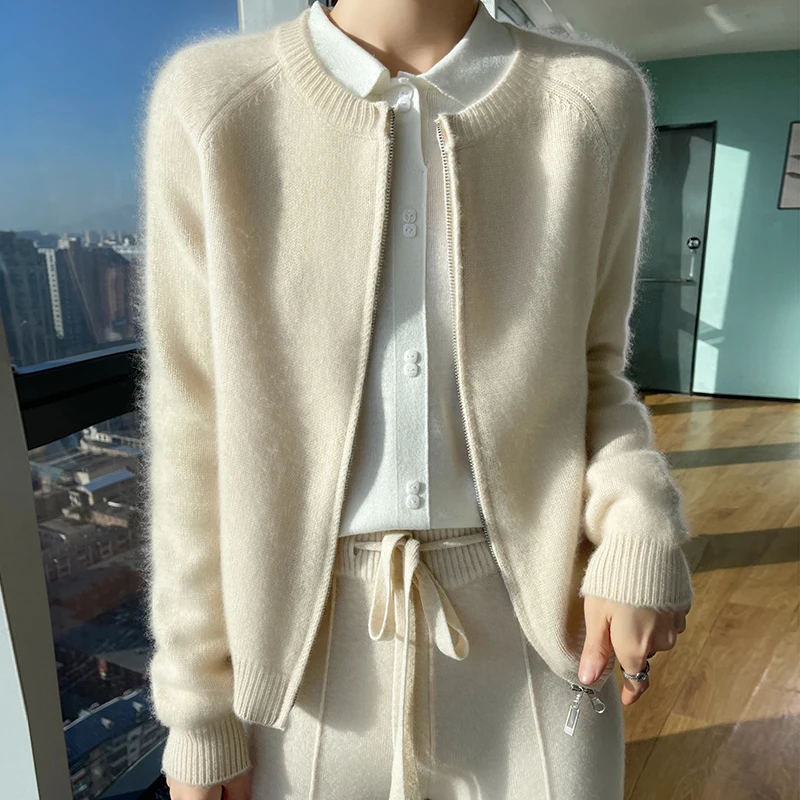 High quality ~ Joker new pure mountain cashmere sweater ladies round neck small fragrance knitted zipper cardigan