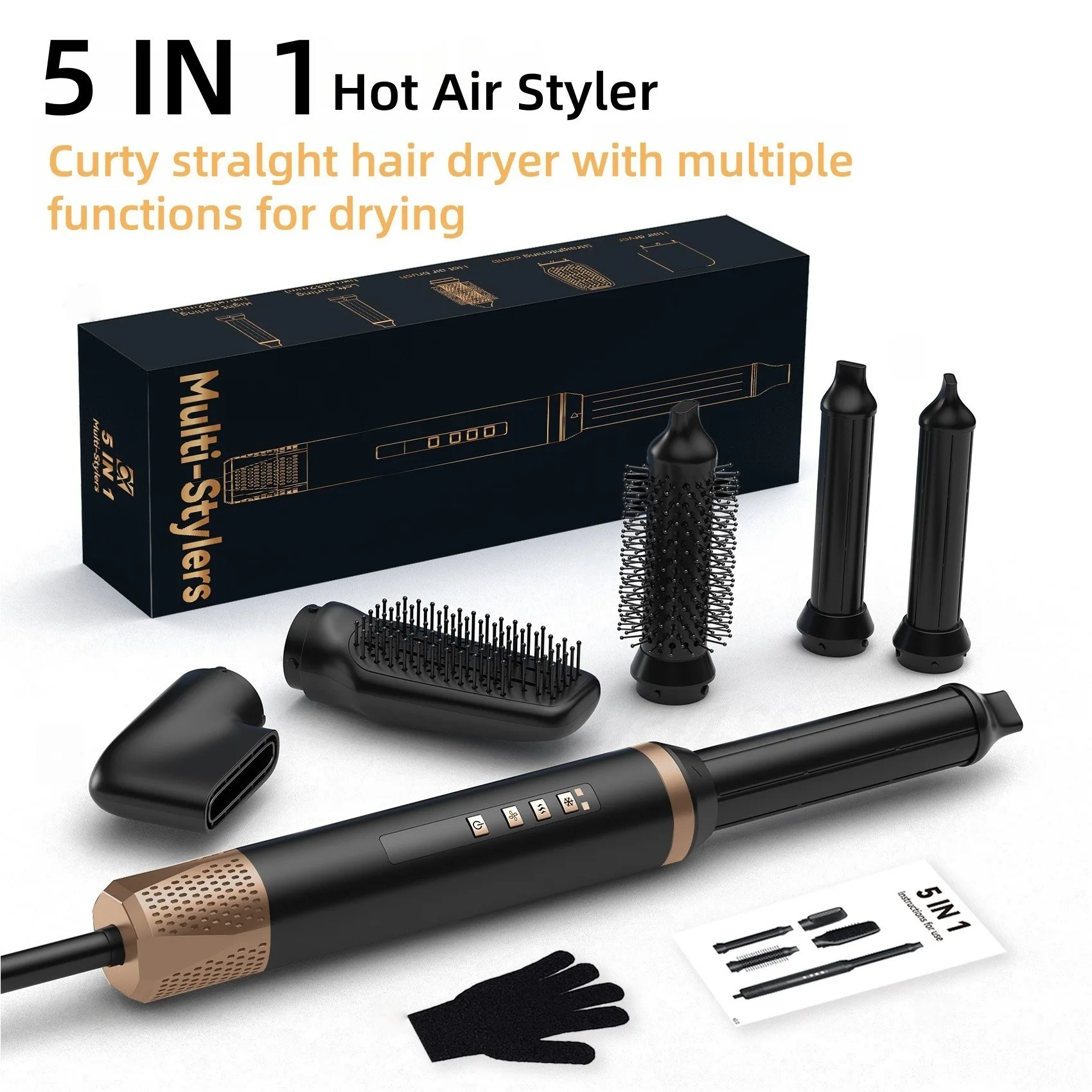 

Hot 5-in-1 Hot Air Comb Multi-functional Automatic Curling Iron Straight-rolling Dual-purpose High-speed Negative Hair Dryer