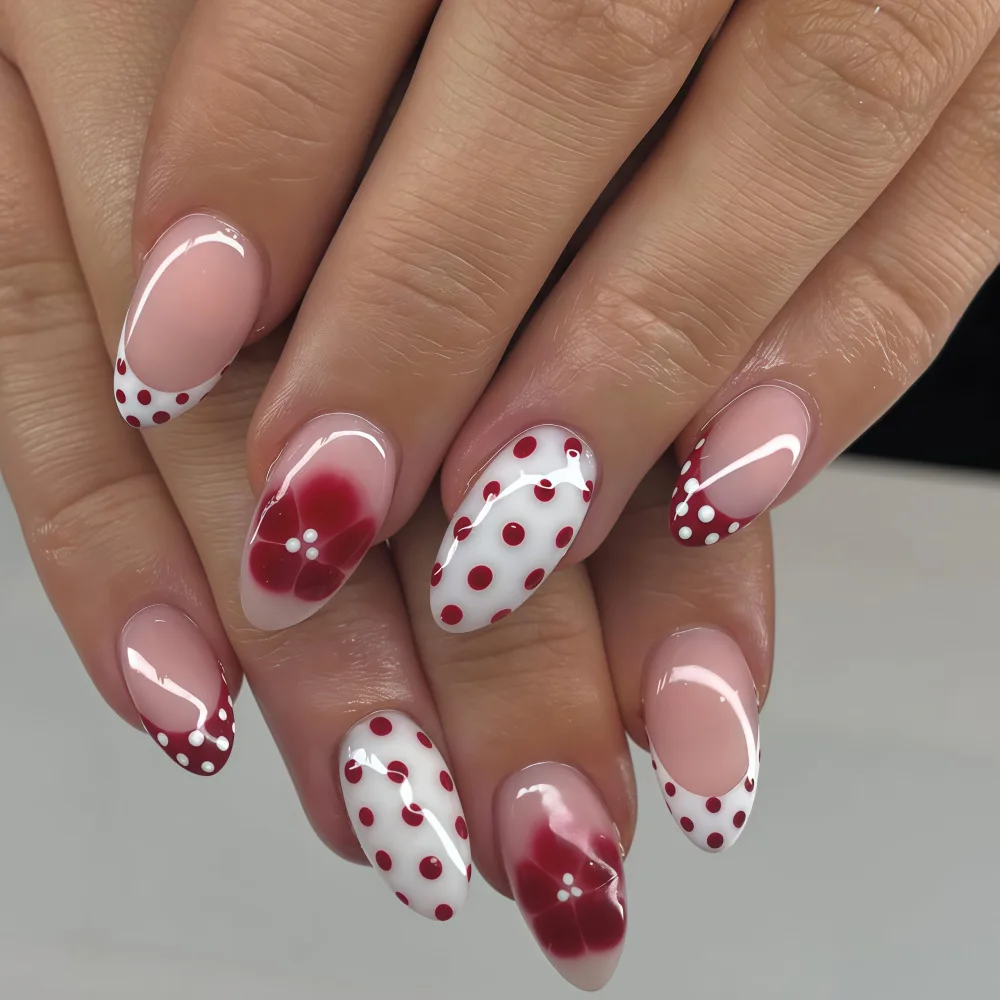 Mittlere künstliche Nägel mit Farbverlauf, Rot, Rosa, Weiß, modisches Polka-Dots-Design, vollständige Abdeckung, französische Mandel-Nagelspitzen, zum Aufdrücken falscher Nagelkunst