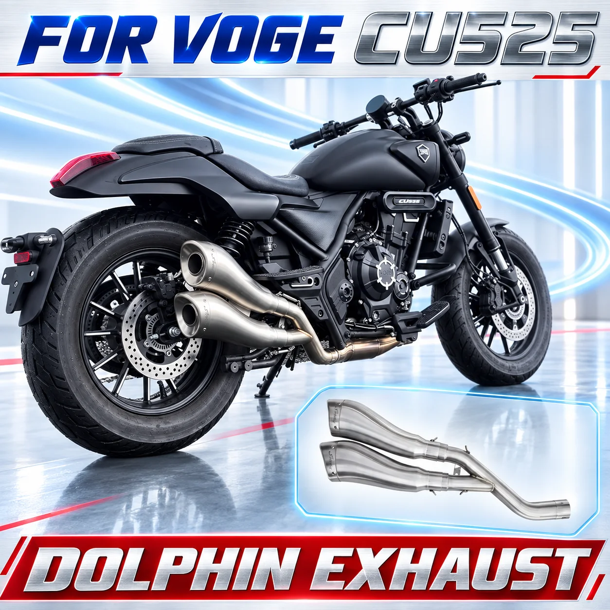 Custom Low Dolphin Style Retro Exhaust Pipe Modified For VOGE CU525 CU-525 525CU Motorbike Upgrade Parts