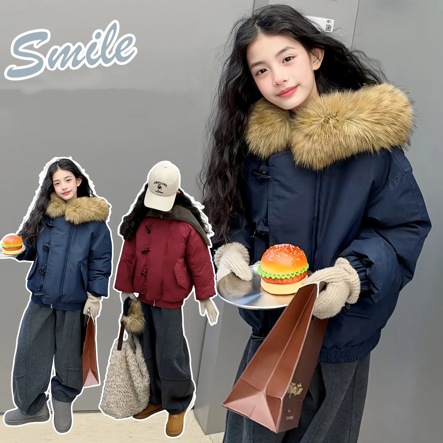 

Warm Down jacket Girls Overcome Winter 2025 New Cotton Padded Coat Child Parkas Horn Hooded Jacket Big Fur Collar Overcoat 4-14