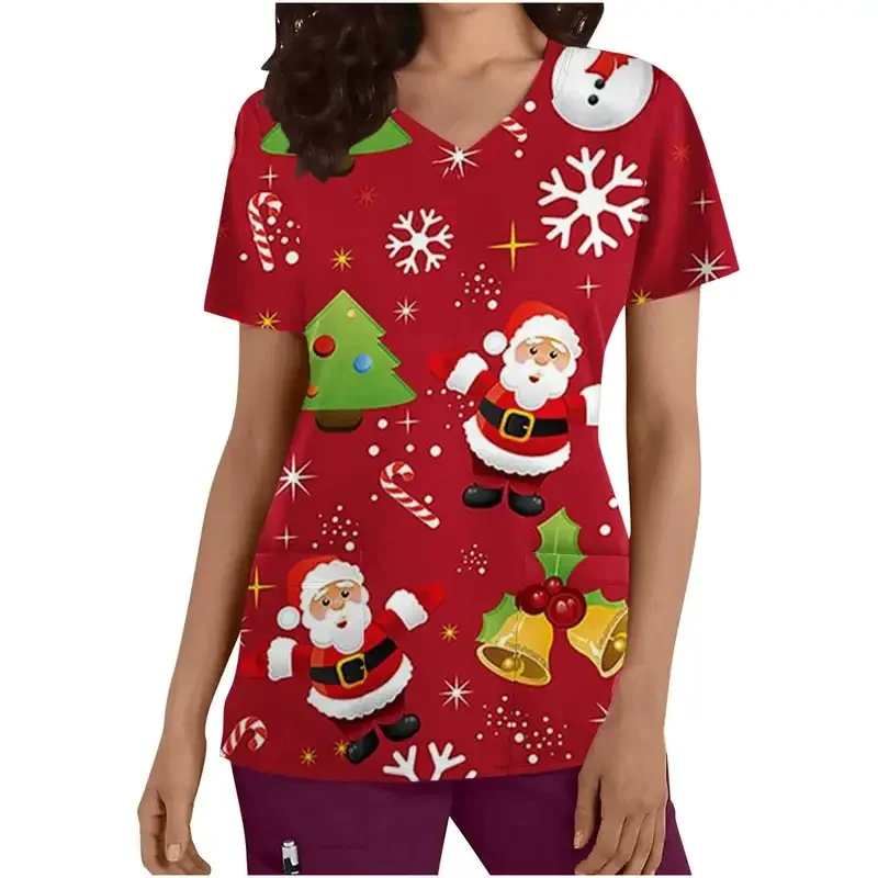 Summer Breathable Women's Short-Sleeve Printed Christmas Style Medical Workwear Clinic nurse workwear medical surgical gown