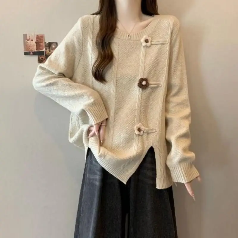 

Sweater Knitwear Women's Loose Tummy Cover Design Split Knit Sweater Women Autumn Winter Plus Size Irregular Stylish Top