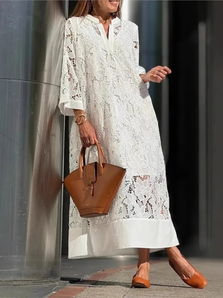

New Spring Summer Women's Fashion Lace Splicing Sexy V-neck Casual Loose Nine Point Sleeve Long Dress