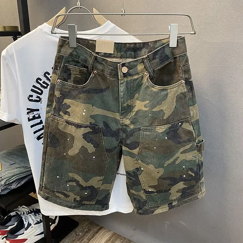 Jeans men's summer trendy brand tooling shorts loose straight five-point pants