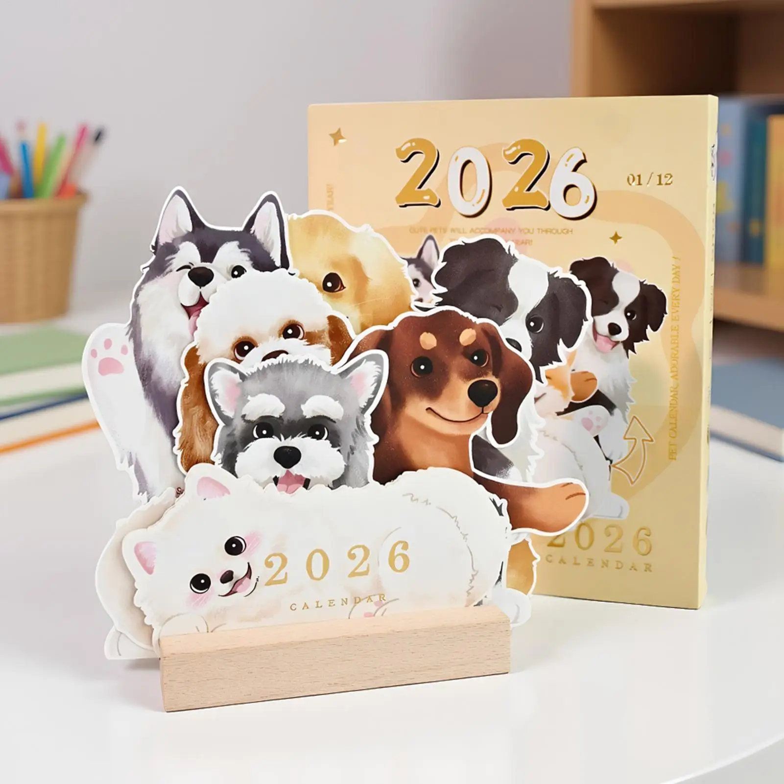 

Календарь для щенков на 2026 год, ежемесячный планировщик с письменным пространством, двусторонний дизайн с 12 карточками для щенков, забавный календарь для детей, взрослых, семьи