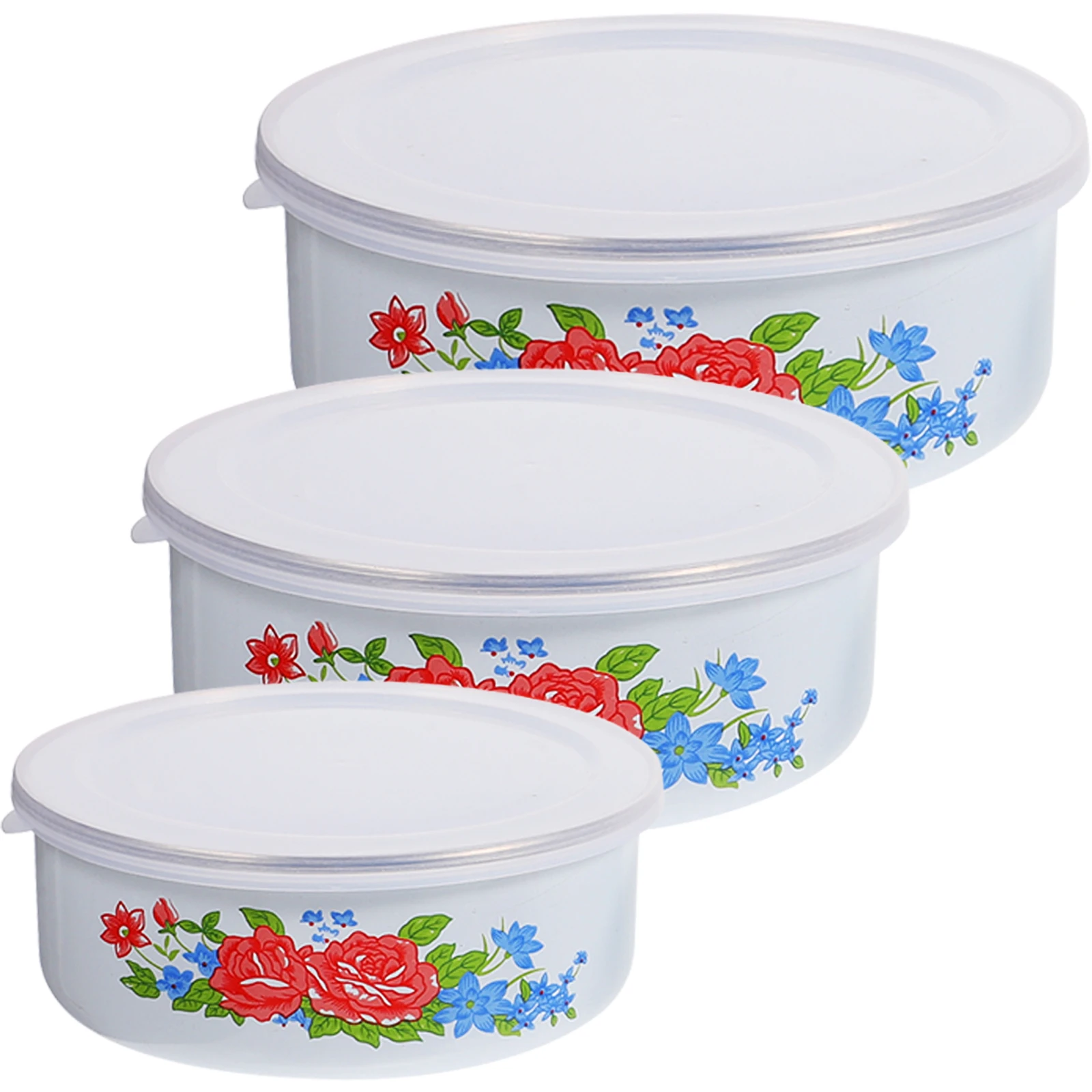 

3pcs Enamel Bowls Set Colorful Flower Pattern Food Storage Containers with Lids Kitchen Salad Pasta Rice Soup Preservation