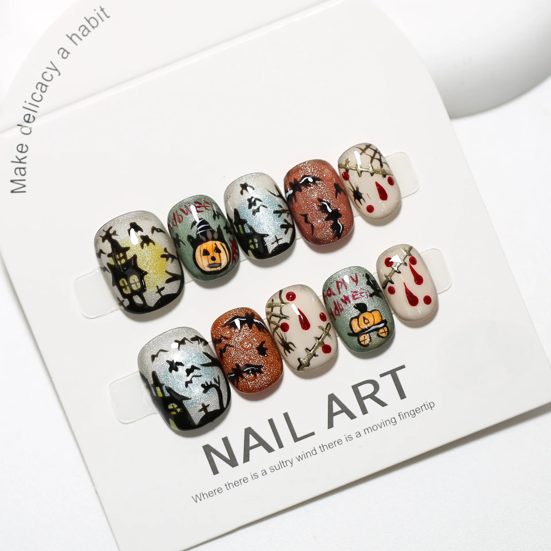 10 pièces Halloween mignon Chic citrouille et petit fantôme trouble appuyez sur les ongles faux ongles Nail Art ongles peint à la main Patch