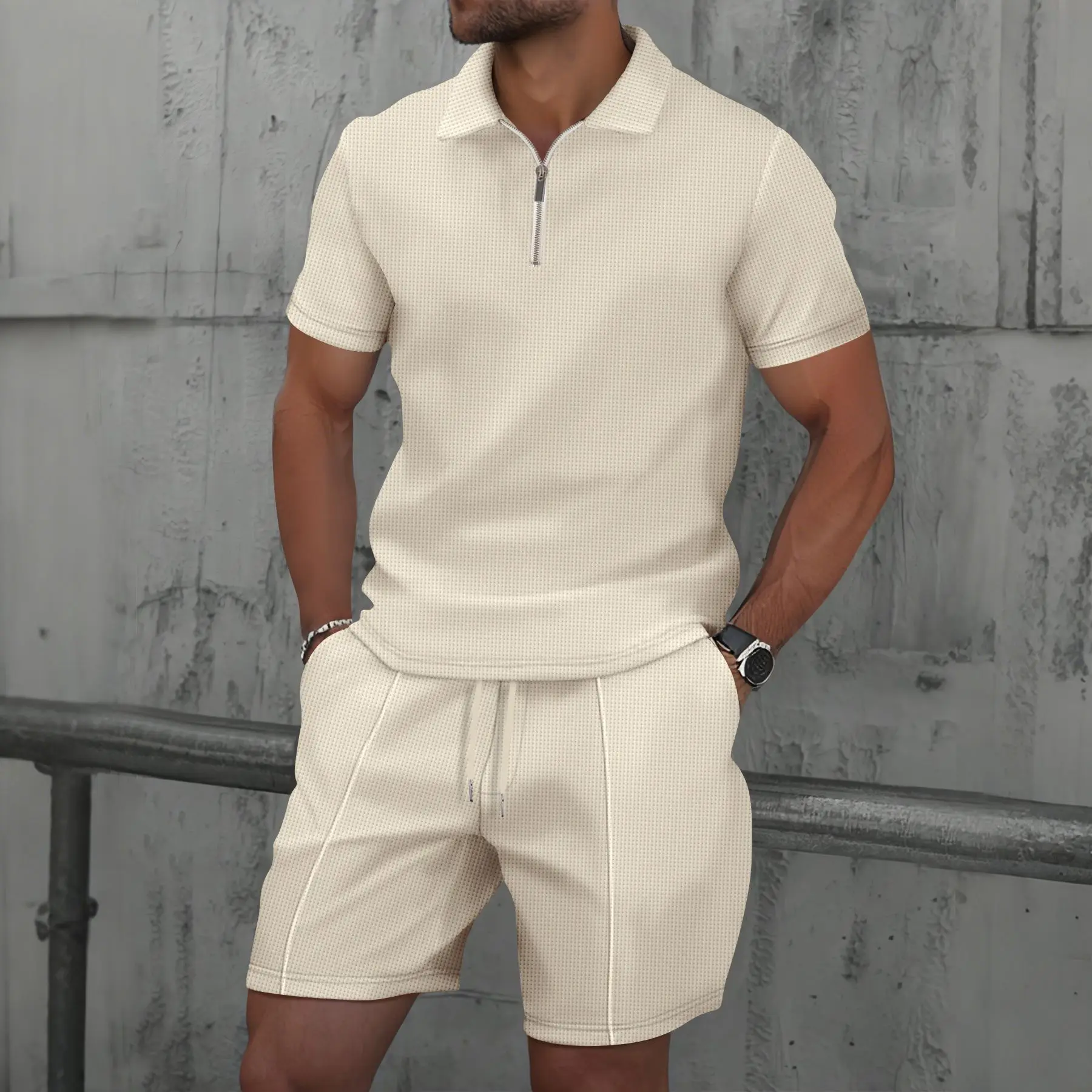 

2025 Men Europe and the United States new summer Waffle solid color zip-up lapel short-sleeve suit shorts two sets
