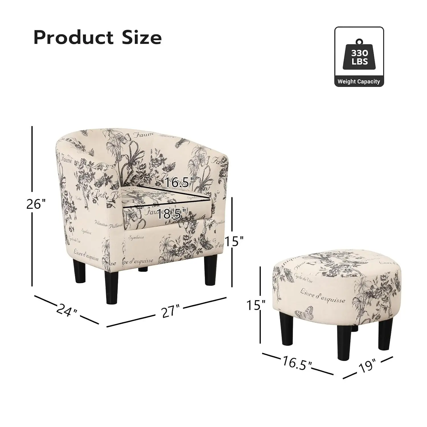 Barrel Accent Chair & Ottoman Set, Round Reading Chair with Foot Rest for Small Space Bedroom, Flower Pattern, Customized