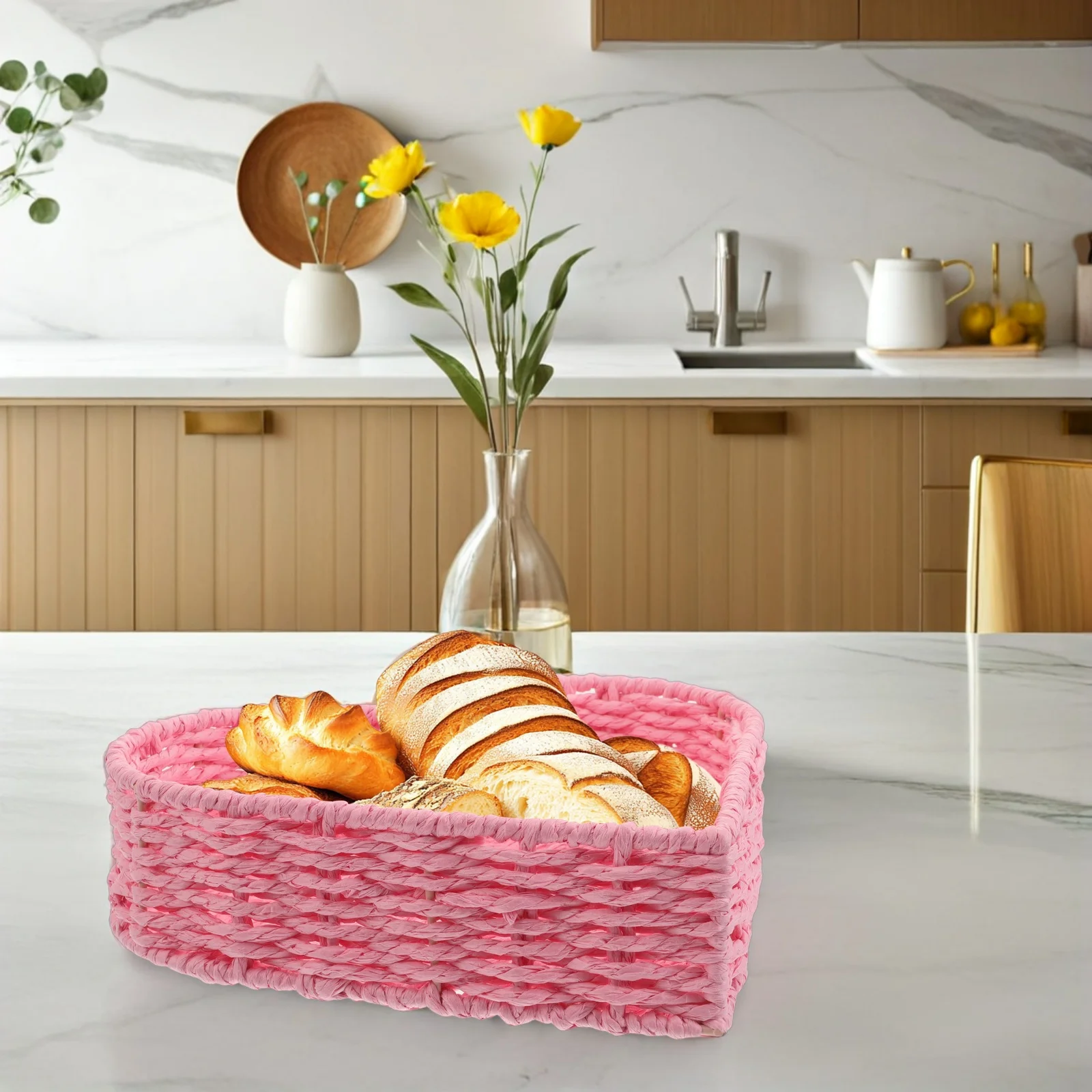

Handwoven Woven Storage Basket Paper Rope Rattan Bread Fruit Tray Heart Shaped Food Container For Kitchen Coffee Table