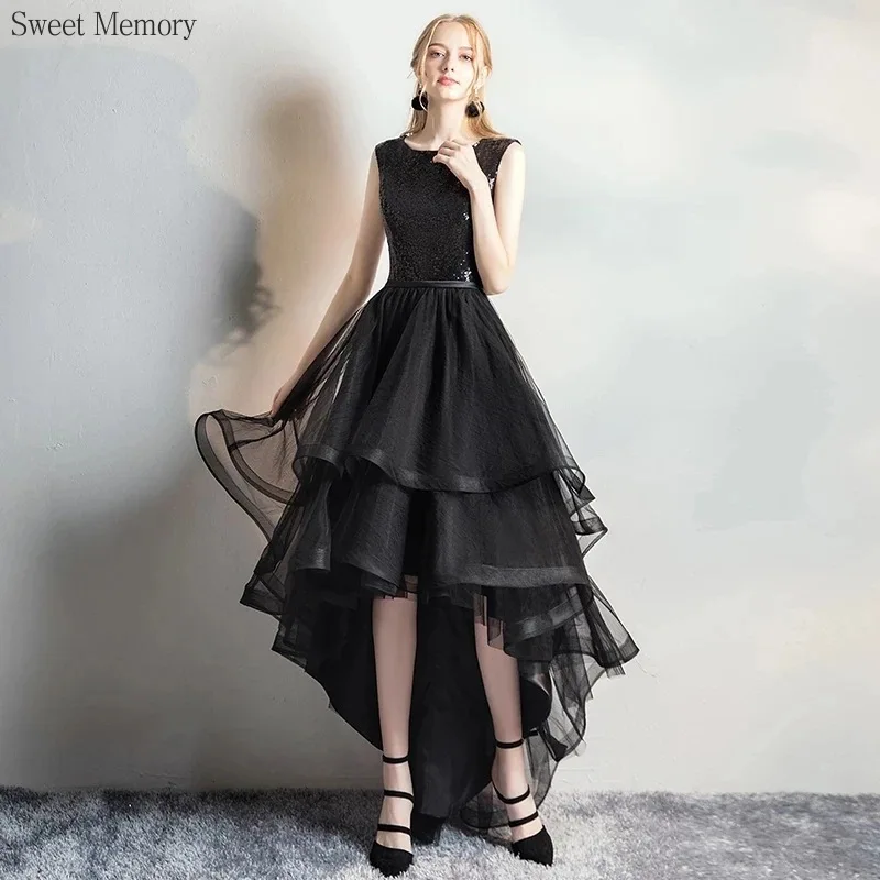 A136 vestido Formal alto y bajo personalizado elegante mujer cuello redondo parte delantera corta espalda larga vestidos de noche lentejuelas banquete fiesta vestido de graduación