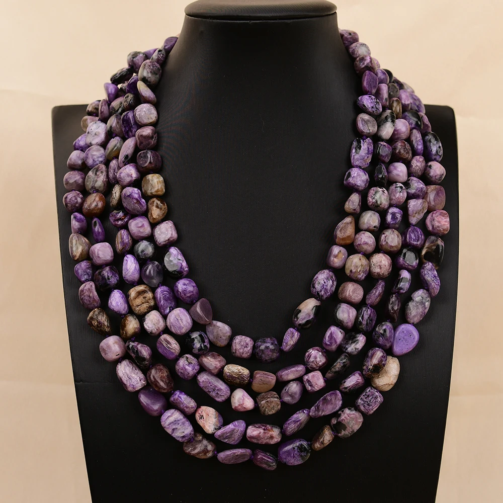 

GG 5 Strands Natural Purple Charoite Stone Freeform Nugget Multi Rows Gems Necklace