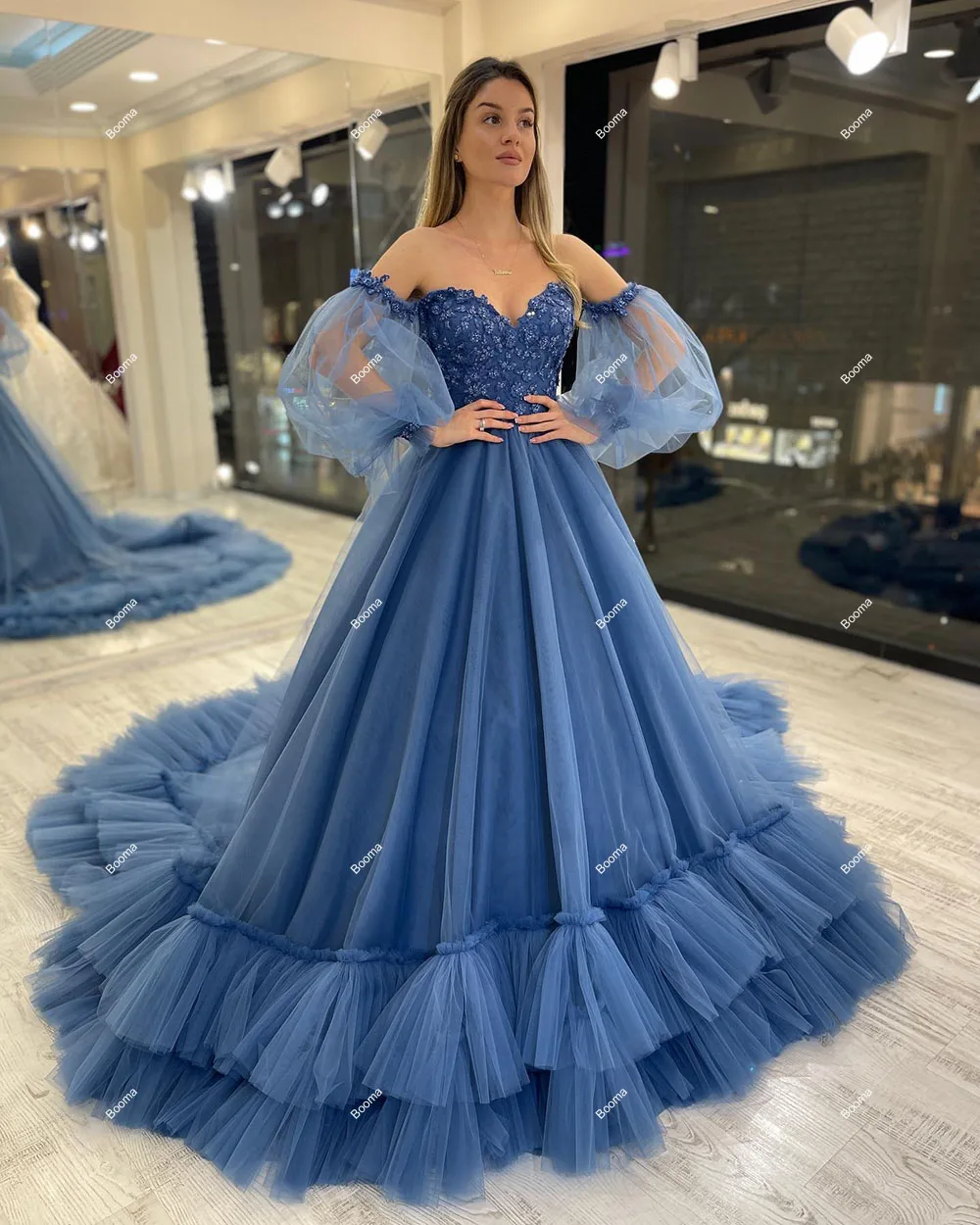 Booma Blue Ball Gowns Evening Dresses Sweetheart Appliques Ruched Prom Dress Puff Sleeves Long Wedding Party Dresses for Women