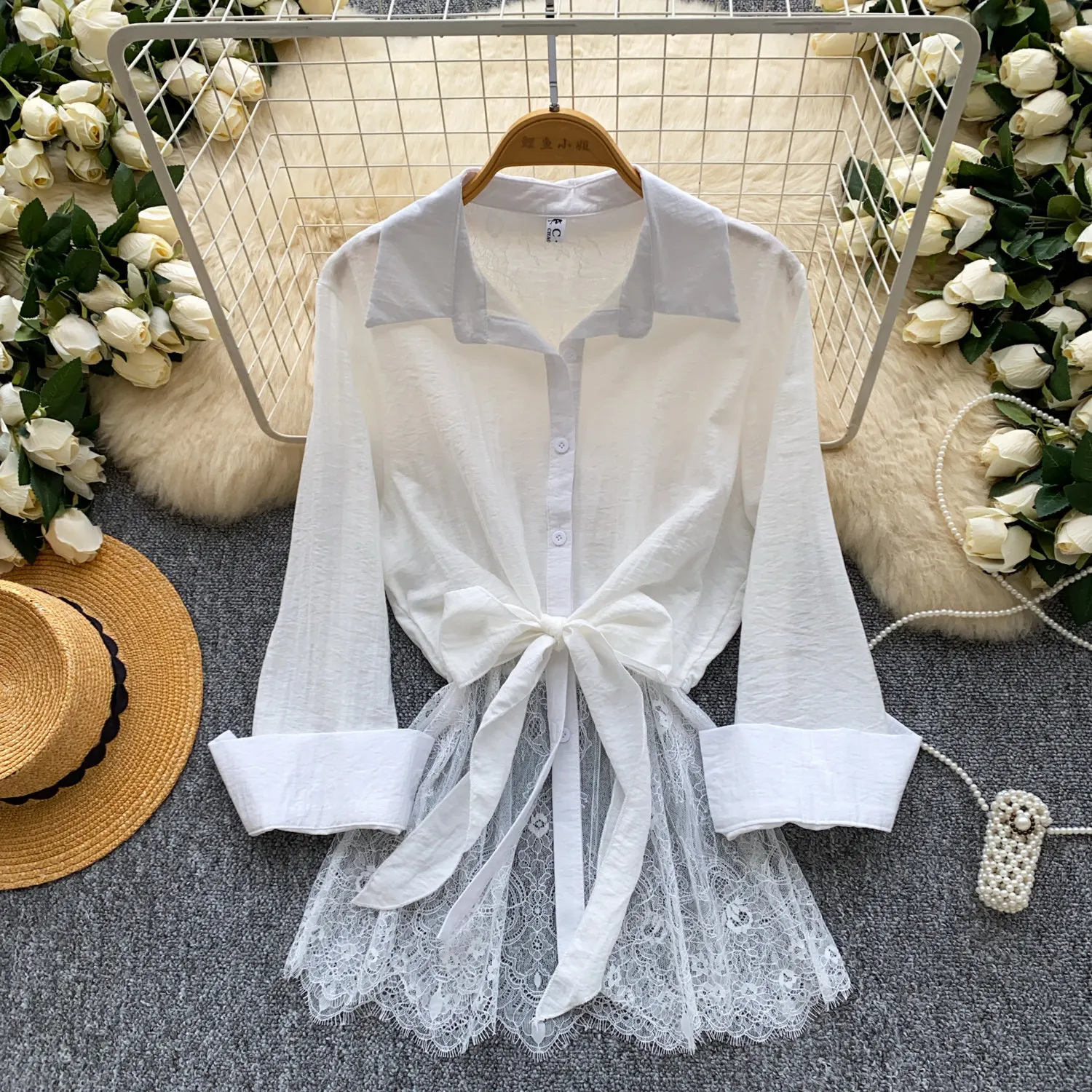 

Blouses Women Shirt Lace Turn Down Collar Full Sleeve Tops Tight Wiast Y2k Streetwear Slim Fit Elegant Splice Shirts 2026 Spring