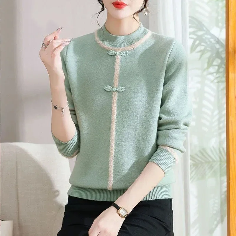 Women Chinese Frog Button Half Turtleneck Knit Sweater Thick Fleece Lined Warm Mom Base Tops