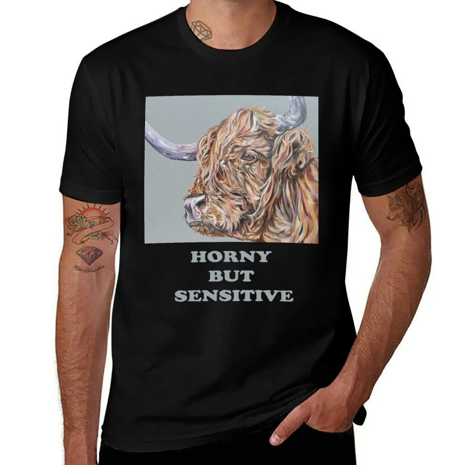 

Horny But Sensitive Highland Cow. Highland hairy cow, Hairy Heilan Scottish coo art by award-winning UK artist Sam Fenne T-Shirt