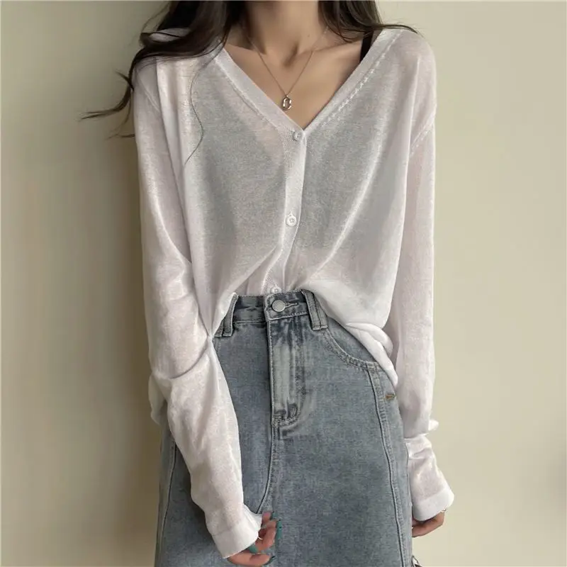 Womens Clothing Summer Korean Simple Style Comfortable Ice Silk Thin Knitwears Solid V Neck Long Sleeve Slim Fit Button Cardigan