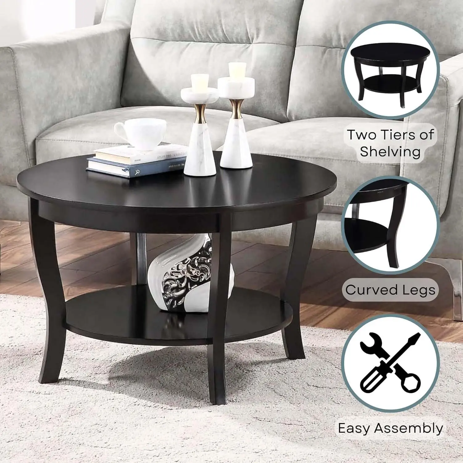 Round Coffee Table with Shelf Wood Finish Classic Style Two Tier Storage 30x30x18 Inch Black, Customized