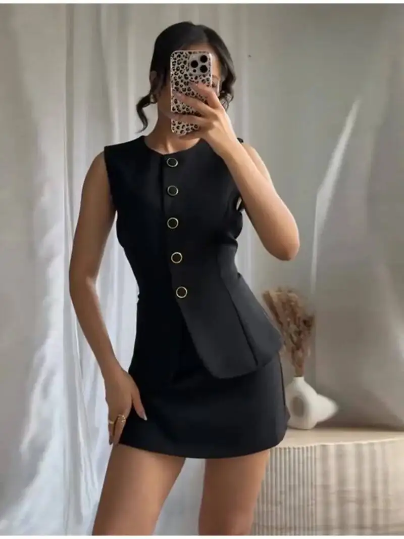 Damska sukienka mini na lato z paskiem, dopasowana, bez rękawów, z dekoltem typu O, spódnica przed kolano, zestaw w stylu vintage, imitacja dwóch części, model 10IX