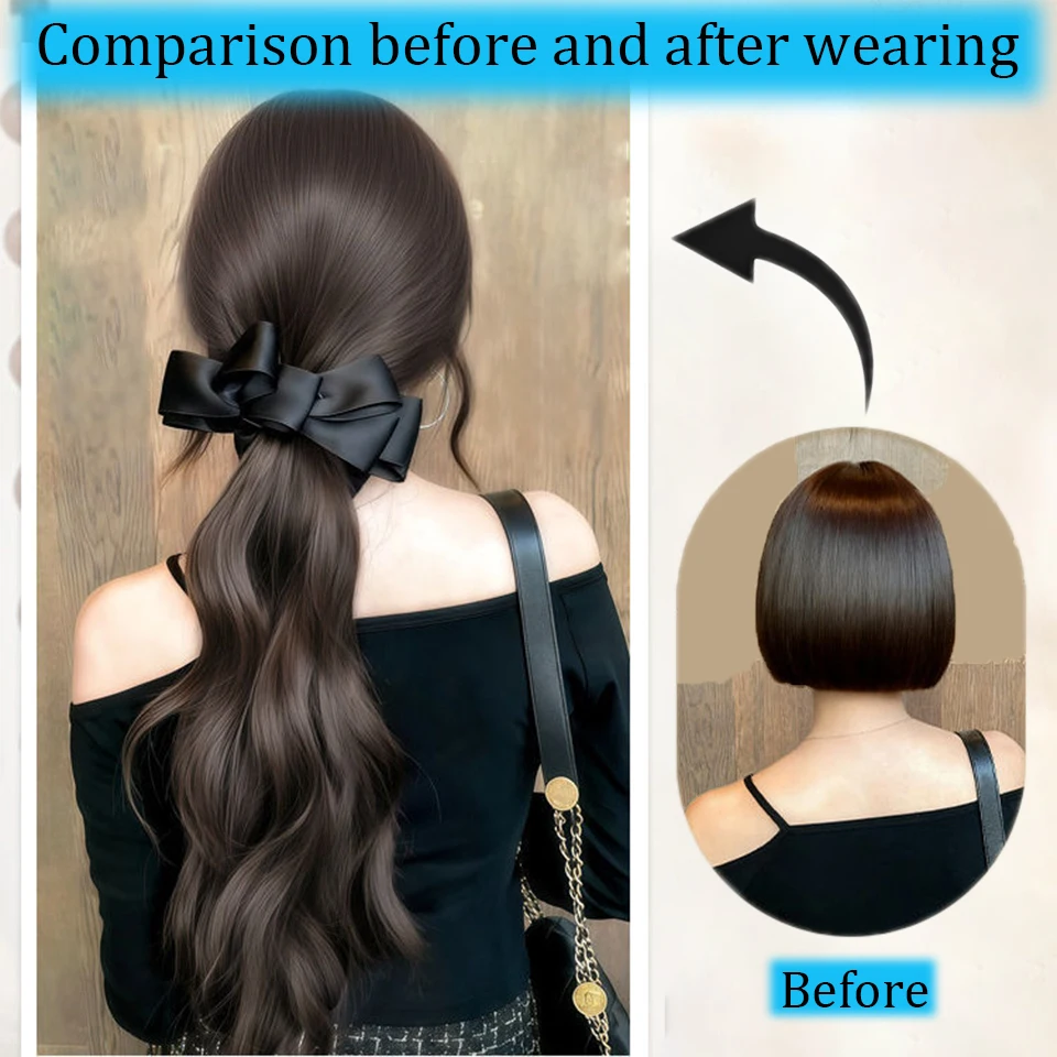 Elegant Synthetic Silk Bowknot Banana Claw Clip Ponytail Wig With Grab Clip Long Wavy Layered Ponytail for Women Daily Party Use