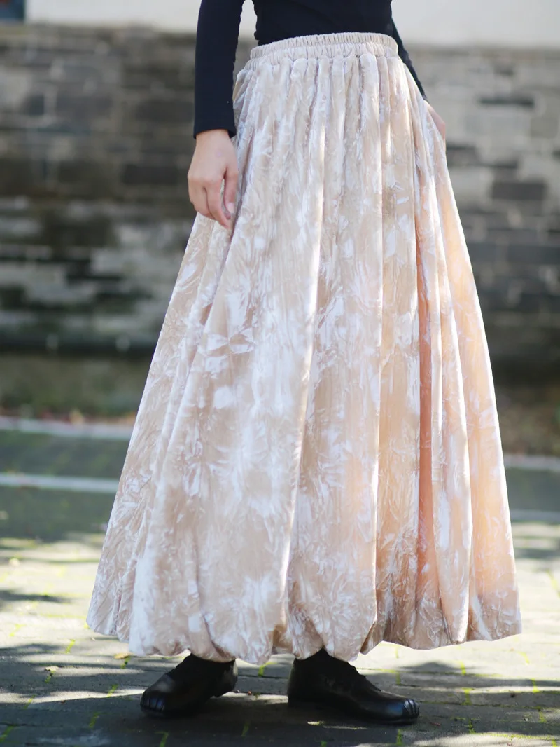 TIYIHAILEY-Damen-Rock aus Velours-Samt, lang, Maxi-A-Linie, elastische Taille, Winter, Schwarz, Grau, Khaki, chinesischer Stil, Batik-Tintenwäsche