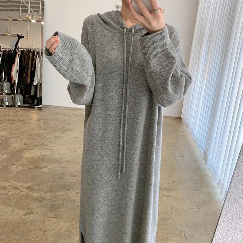 

Autumn and Winter Loose Knee Length Sweater Dress Casual Split Hooded Knitted Dress Casual Split Hooded Women's Woollen Dress