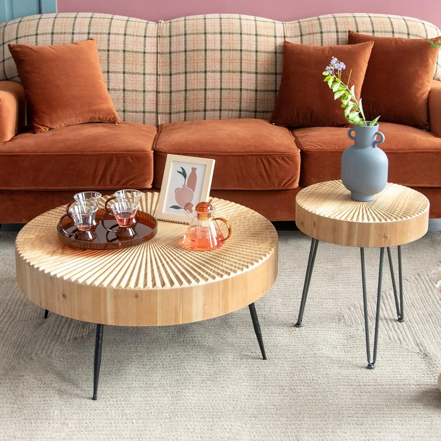 LONYKE 2-Piece Modern Farmhouse Living Room Coffee Table Set, Nesting Table Round with Handcrafted Wood Radial Pattern