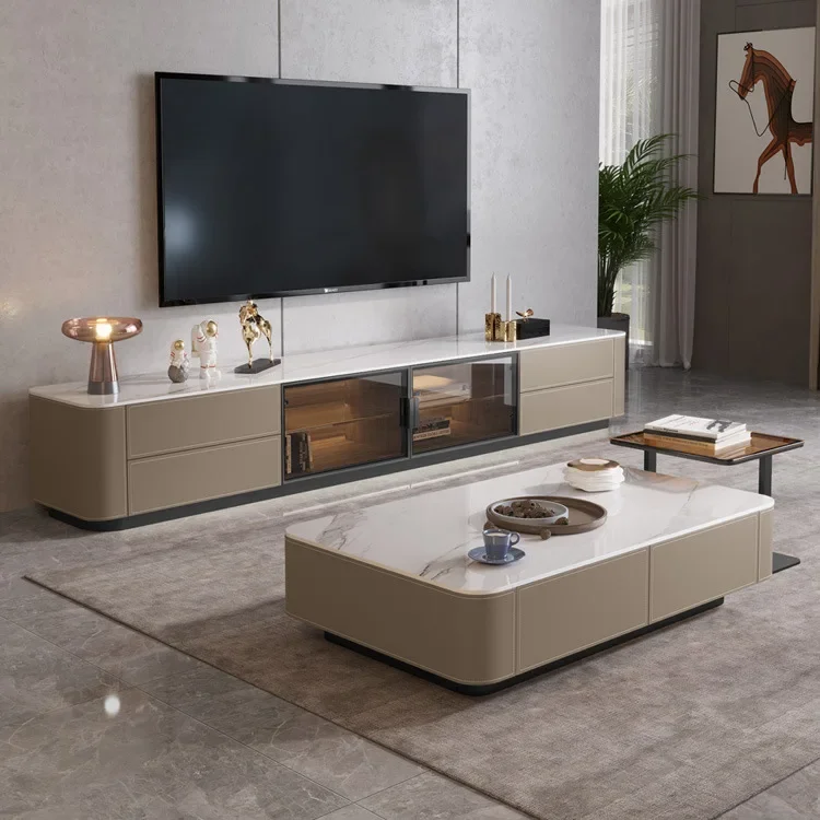 

Minimalist saddle leather TV cabinet, modern Nordic small unit, simple and high-end living room, low cabinet, rock board TV