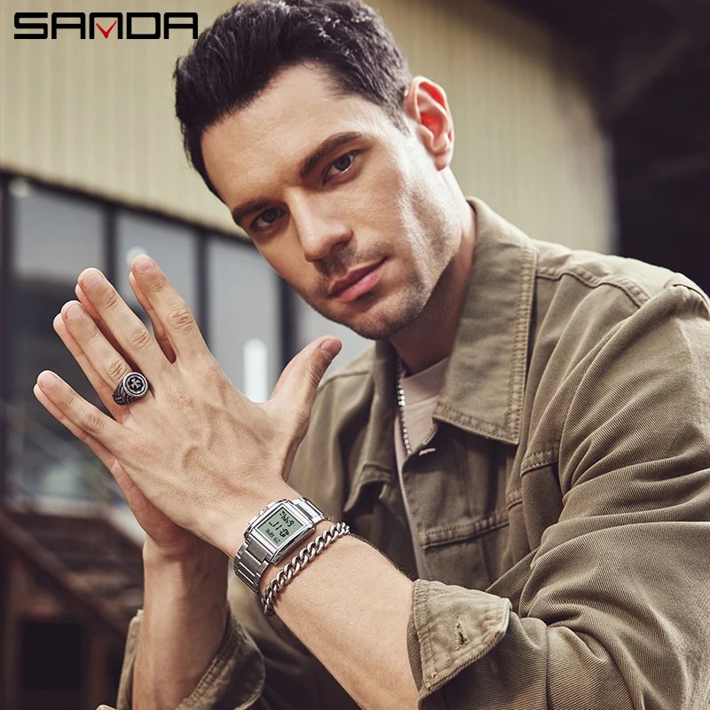 Fashion Sanda Top Brand 6169 Men Electronic Round Square Luminous Stainless Steel Strap Arabic Tidal Worship Male Wrist Watch