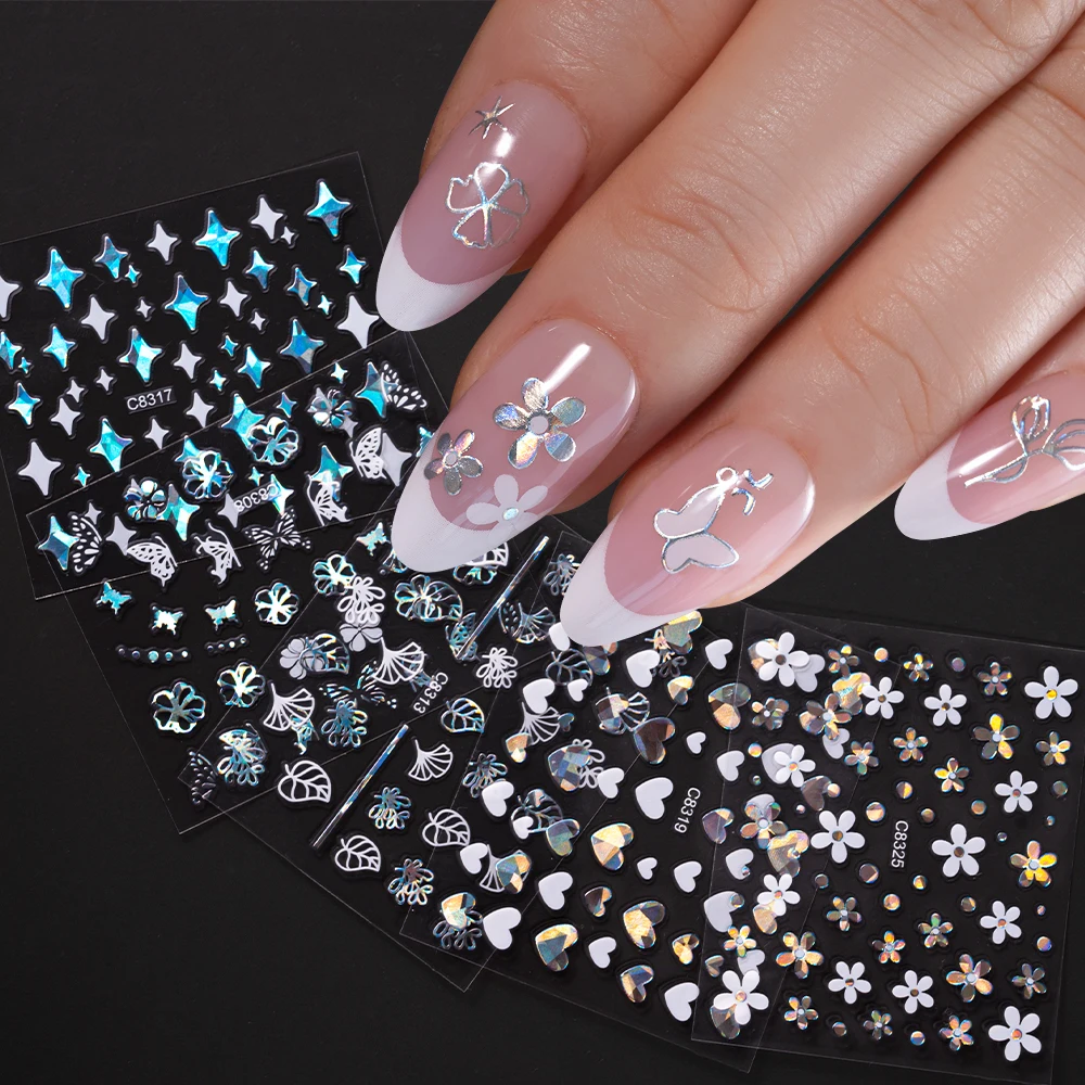 30 unids/set láser plata/oro flor corazón pegatina de uñas 3D arco bronceado estrella holográfica diseño de calcomanía manicura arte accesorios DIY