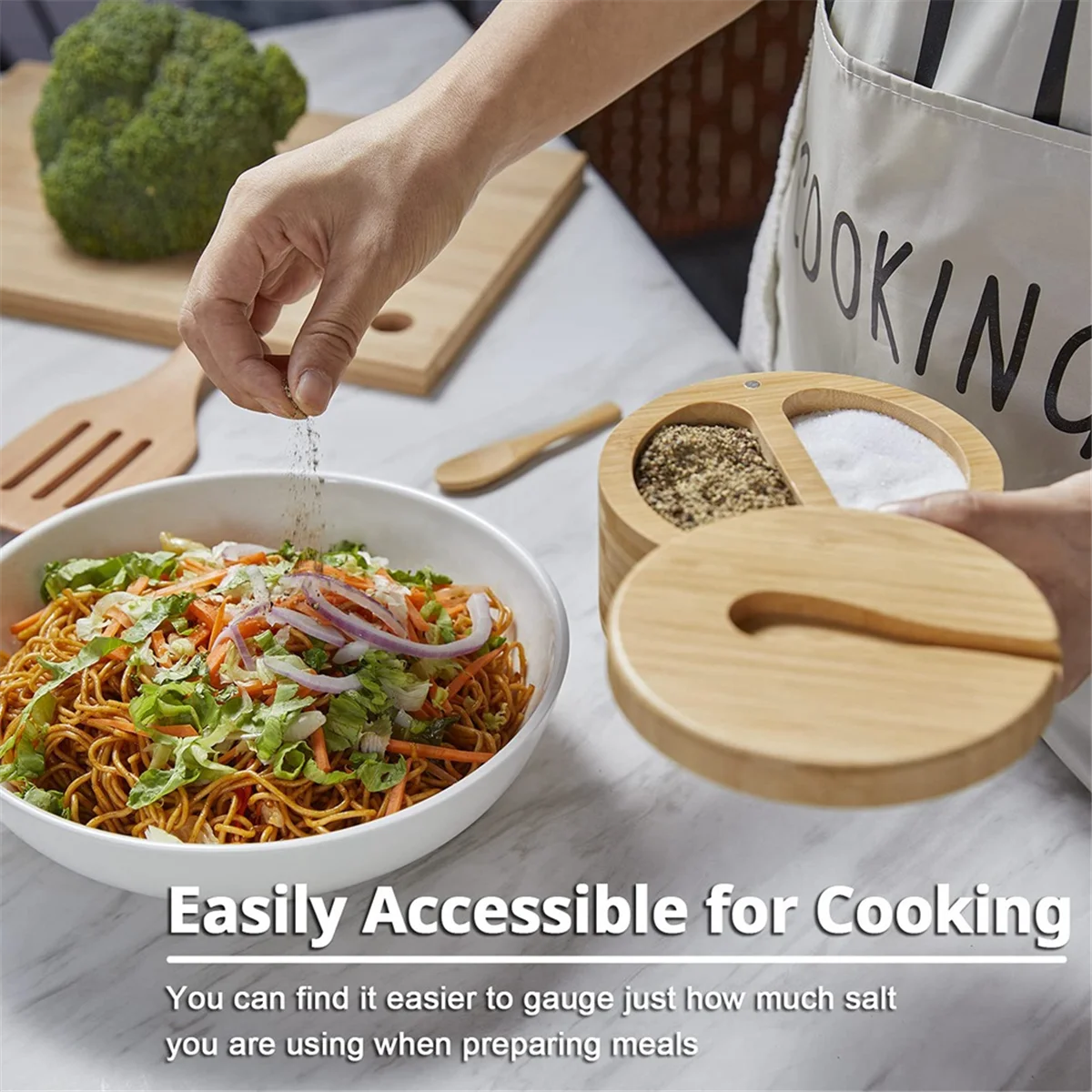 回転蓋とスプーン付きの竹調味料ボックス、2コンパートメントの塩コショウボウル、デュアル6オンス